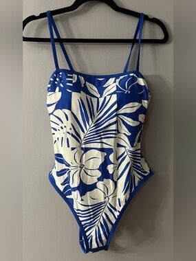 Shade & Shore Blue and White Tropical One-Piece Swimsuit with Slim Straps